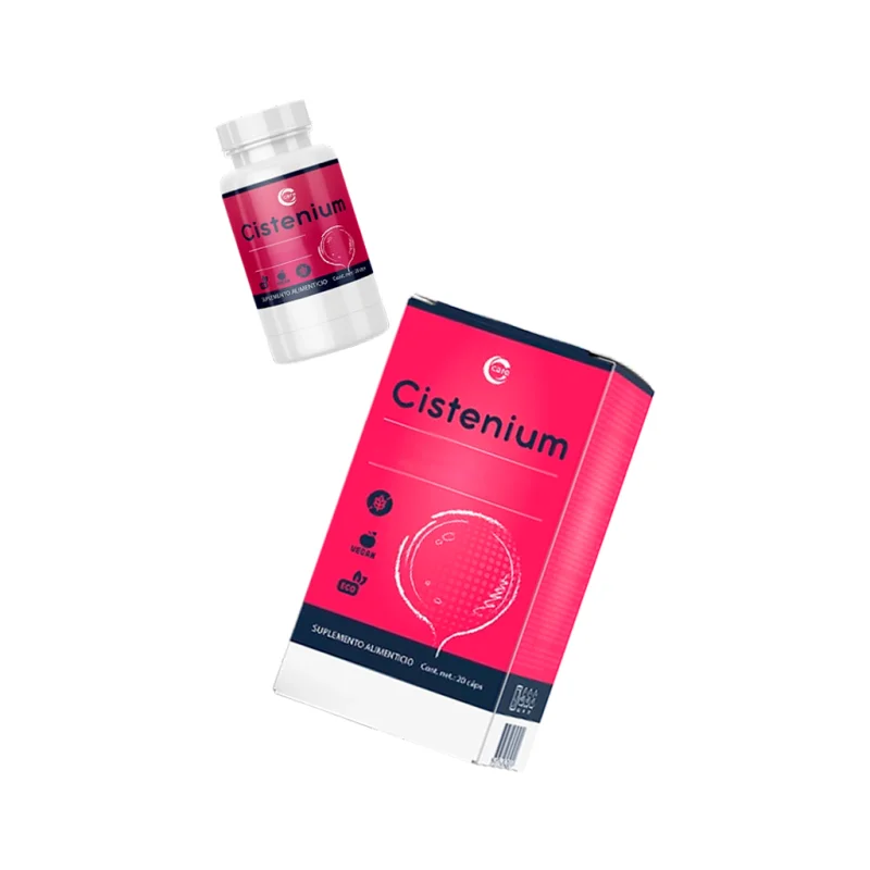 Cistenium — frasco y caja del producto vegano de apoyo urinario y renal, 20 cápsulas